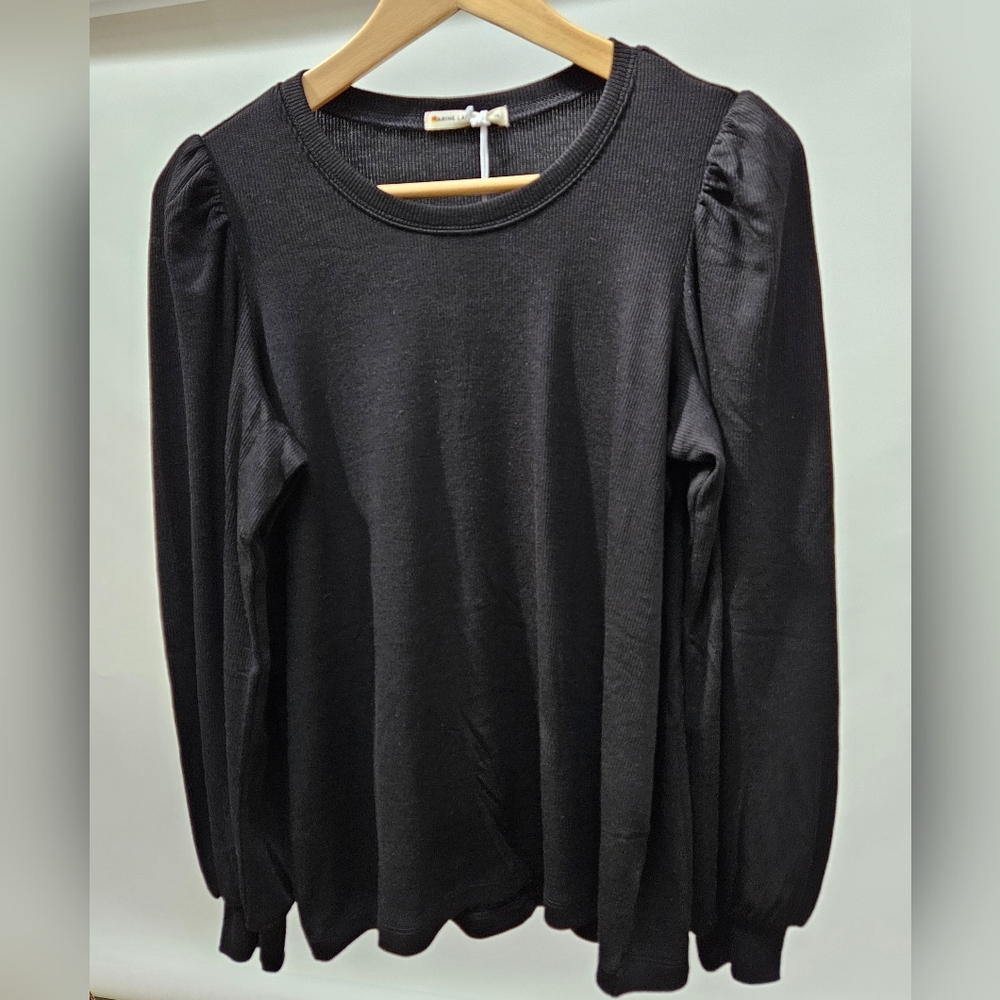 New!! Marine Layer Lexi Rib Puff Sleeve Top Black Medium
